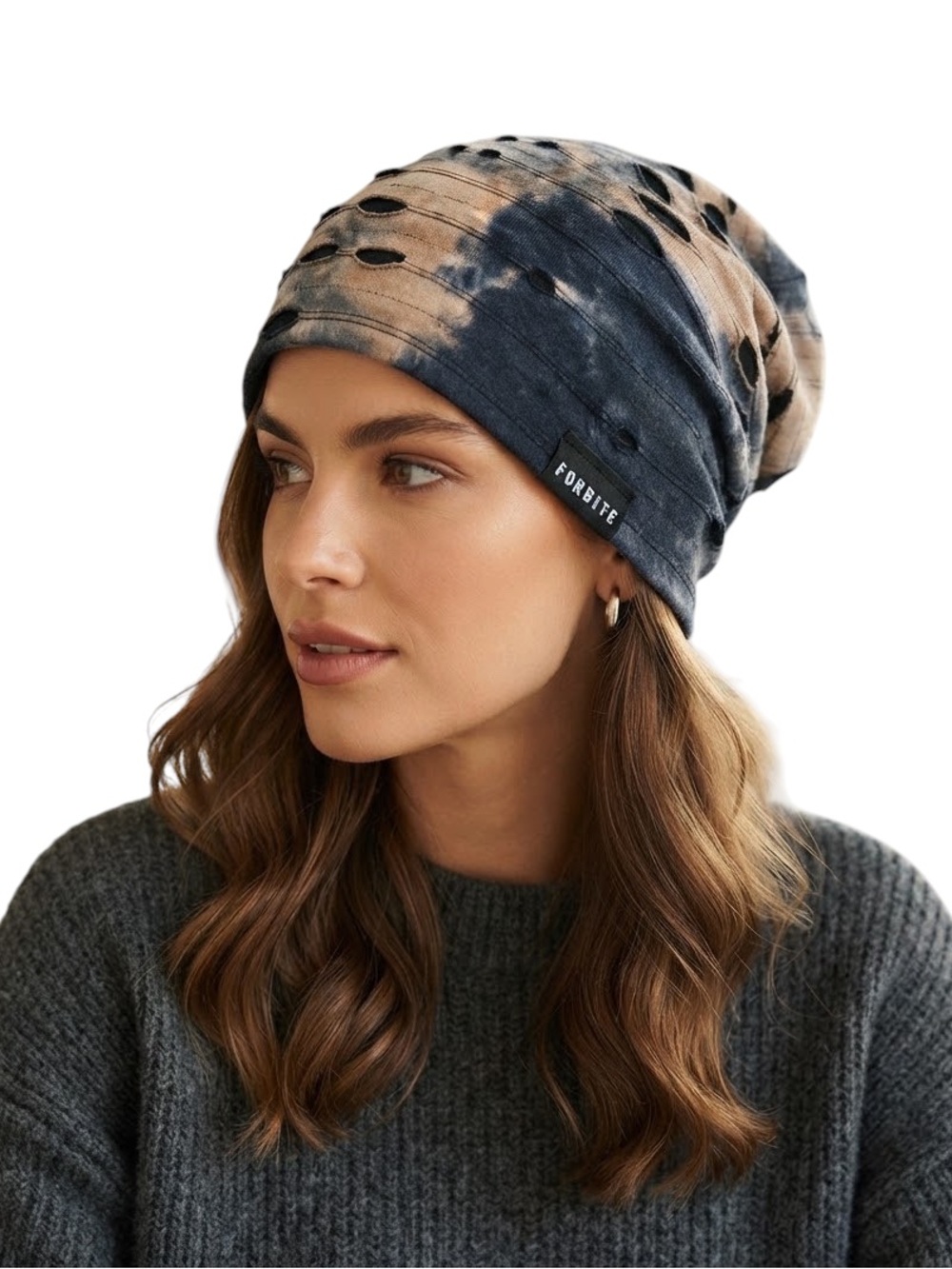 FORBUSITE Tie Dye Eyelet Knit Slouchy Long Beanie Black OS Streetwear